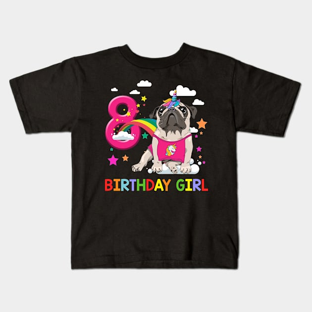 Pug Birthday - 8 Years Old Unicorn Pugicorn Party Kids T-Shirt by martinyualiso